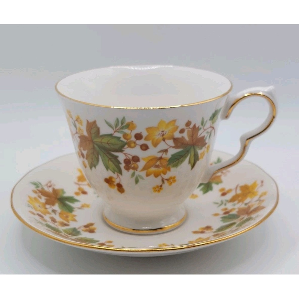 Autumn Fall Leaves Teacup Queen Anne Bone Saucer England Floral Gold Vintage